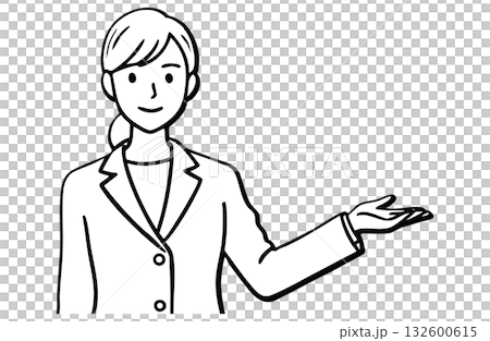 A businesswoman in a suit guiding with her left hand (full body, monochrome line drawing) 132600615