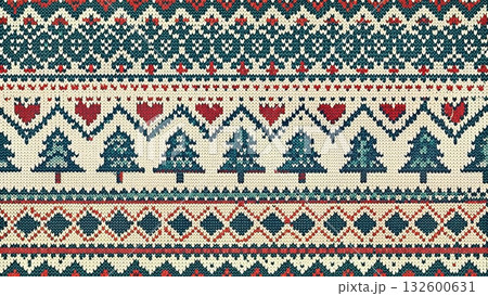 nordic fair isle seamless pattern with pixel-style christmas tree 132600631