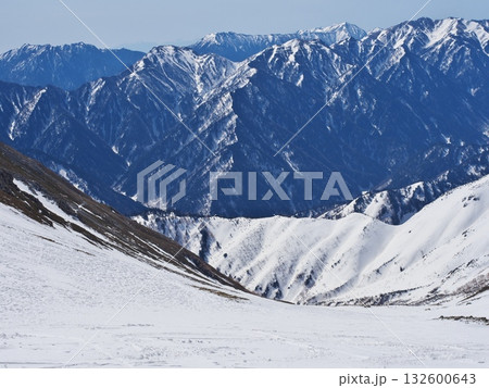 残雪の立山黒部アルペンルート　一の越から南の北アルプスを臨む 132600643