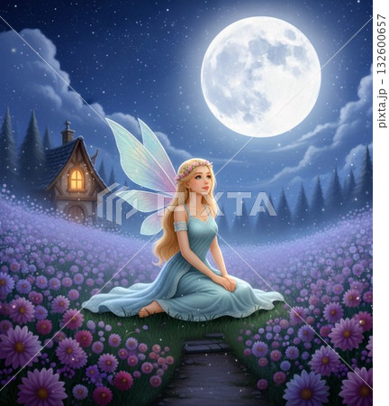 月夜のダリア畑と小さな妖精 132600657