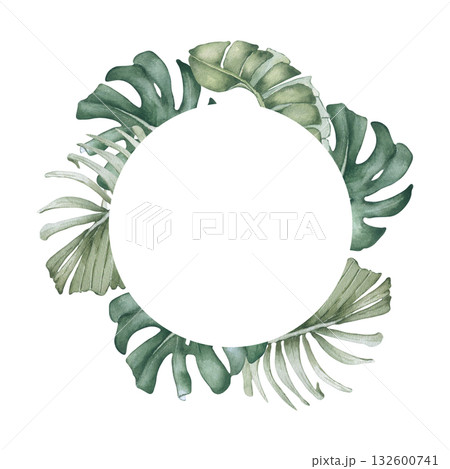 Tropical Watercolor circle frame of Banana Leaves and Monstera isolated. Lush foliage in soft pastel greens an elegant wreath hand drawn. Delicate jungle design for wedding, spa, packaging. Tropical Watercolor circle frame of Banana Leaves and Monstera isolated. Lush foliage in soft pastel greens an elegant wreath hand drawn. Delicate jungle design for wedding, spa, packaging. 132600741