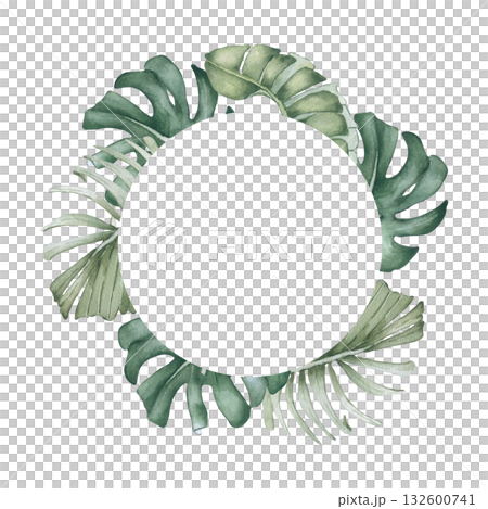 Tropical Watercolor circle frame of Banana Leaves and Monstera isolated. Lush foliage in soft pastel greens an elegant wreath hand drawn. Delicate jungle design for wedding, spa, packaging. Tropical Watercolor circle frame of Banana Leaves and Monstera isolated. Lush foliage in soft pastel greens an elegant wreath hand drawn. Delicate jungle design for wedding, spa, packaging. 132600741