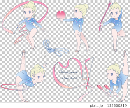 A clip art collection of young female rhythmic gymnasts in five disciplines: ribbon, ball, hoop, rope, and club. 132600819