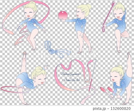 A clip art collection of young female rhythmic gymnasts in five disciplines: ribbon, ball, hoop, rope, and club. 132600820