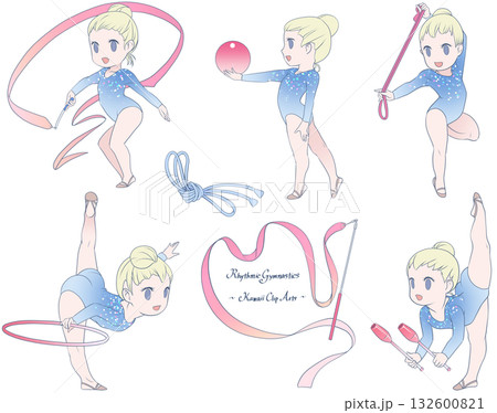 新体操をする若い女性選手。リボン、ボール、フープ、ロープ、クラブの五種目を描いたクリップアート集 132600821