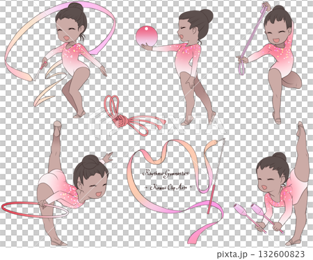 A clip art collection of young female rhythmic gymnasts in five disciplines: ribbon, ball, hoop, rope, and club. 132600823