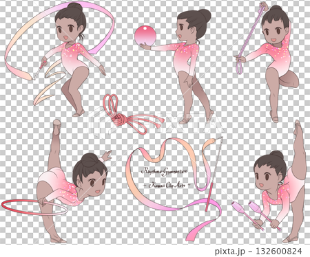 A clip art collection of young female rhythmic gymnasts in five disciplines: ribbon, ball, hoop, rope, and club. 132600824