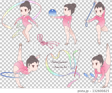 A clip art collection of young female rhythmic gymnasts in five disciplines: ribbon, ball, hoop, rope, and club. 132600825