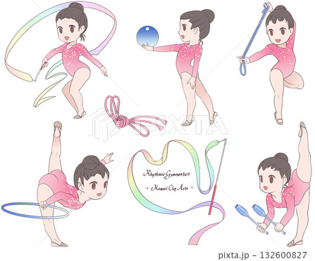 新体操をする若い女性選手。リボン、ボール、フープ、ロープ、クラブの五種目を描いたクリップアート集 132600827