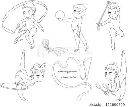 新体操をする若い女性選手。リボン、ボール、フープ、ロープ、クラブの五種目を描いたラインアート集 新体操をする若い女性選手。リボン、ボール、フープ、ロープ、クラブの五種目を描いたラインアート集 132600829