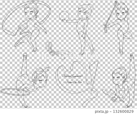 新体操をする若い女性選手。リボン、ボール、フープ、ロープ、クラブの五種目を描いたラインアート集 新体操をする若い女性選手。リボン、ボール、フープ、ロープ、クラブの五種目を描いたラインアート集 132600829