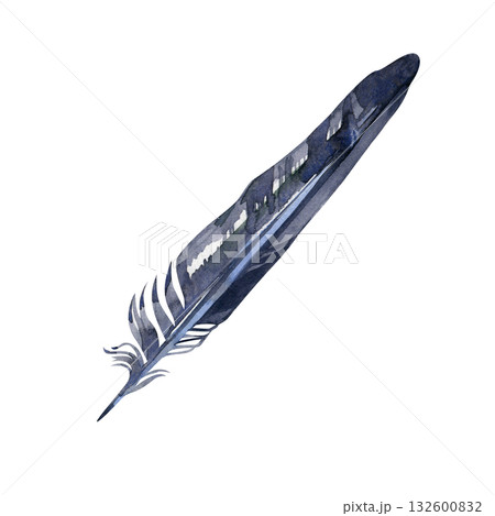 Watercolor black crow feather isolated on white. Mystical symbol of protection, spirit, and transformation. Ideal for rituals, shamanic art, magical design, or spiritual illustrations Watercolor black crow feather isolated on white. Mystical symbol of protection, spirit, and transformation. Ideal for rituals, shamanic art, magical design, or spiritual illustrations 132600832