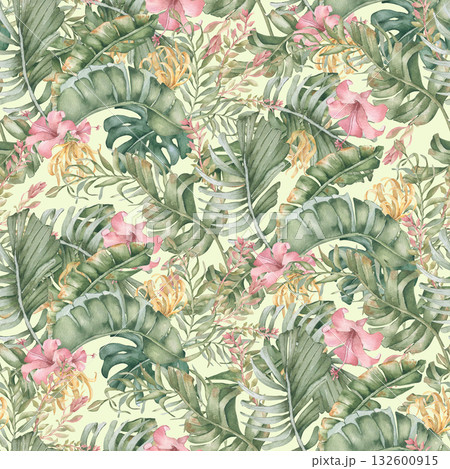 Exotic botanical seamless pattern isolated. Neutral lush foliage and tropical flowers print. Hand drawn palm leaves and hibiscus. Hawaii style wall art, beach wear, and packaging. Floral repeat. Exotic botanical seamless pattern isolated. Neutral lush foliage and tropical flowers print. Hand drawn palm leaves and hibiscus. Hawaii style wall art, beach wear, and packaging. Floral repeat. 132600915