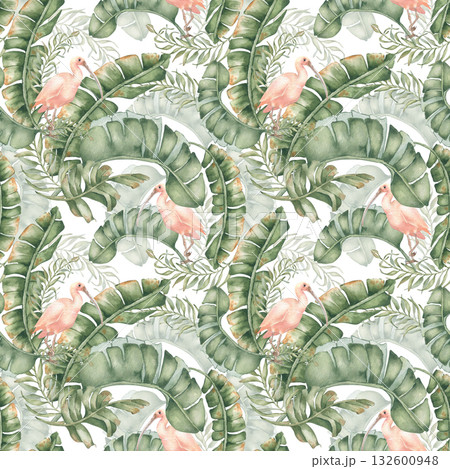 Exotic Bird Botanical Repeat background isolated. Delicate watercolor ibis and exotic greenery hand painted. Seamless tropical foliage pattern for packaging, spa branding, and beach textiles. 132600948