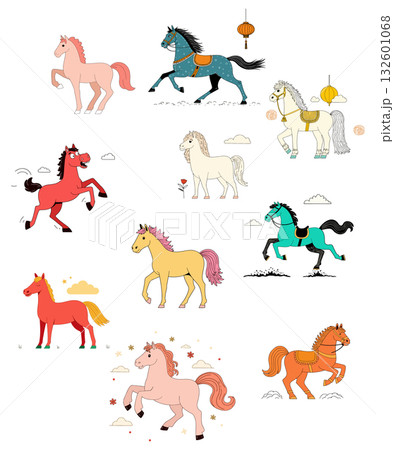Colorful Cartoon Horses Illustration Colorful Cartoon Horses Illustration 132601068