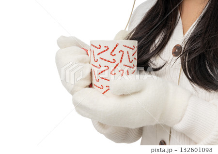 Warm drink held in festive mug with candy cane design, isolated, PNG Warm drink held in festive mug with candy cane design, isolated, PNG 132601098