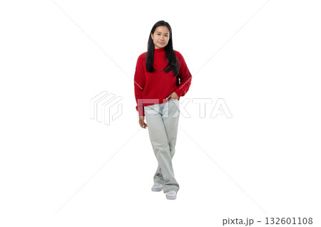 Woman stands in a relaxed pose wearing a red sweater, isolated, PNG Woman stands in a relaxed pose wearing a red sweater, isolated, PNG 132601108