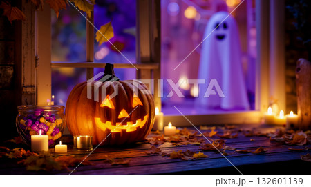 A jack-o-lantern sitting on a wooden table next to a window with candles and a ghost in the background A jack-o-lantern sitting on a wooden table next to a window with candles and a ghost in the background 132601139