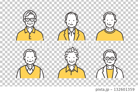 簡單風格的老年男性上半身圖標，臉部表情各異 132601359