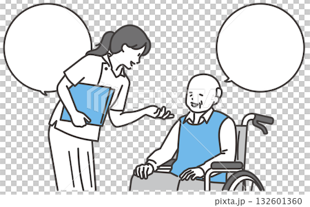 圖：一位坐在輪椅上的老人正在和護士交談。 132601360