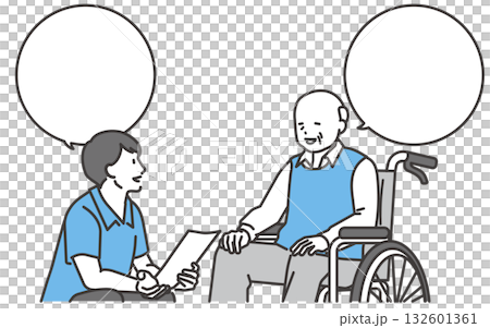 圖：一位坐在輪椅上的老人正在和護理人員交談 132601361