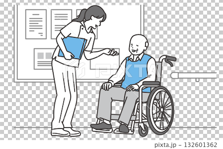 圖：一位坐在輪椅上的老人正在和護士交談。 132601362