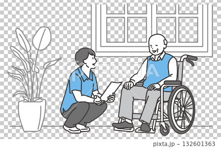 Illustration of a senior man in a wheelchair talking to a caregiver 132601363