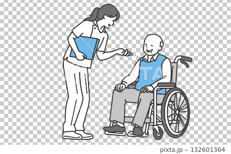 圖：一位坐在輪椅上的老人正在和護士交談。 132601364