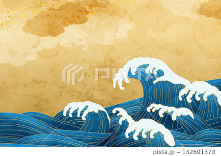 躍動する波と金色の和風パターン、正月背景。、和風 躍動する波と金色の和風パターン、正月背景。、和風 132601378