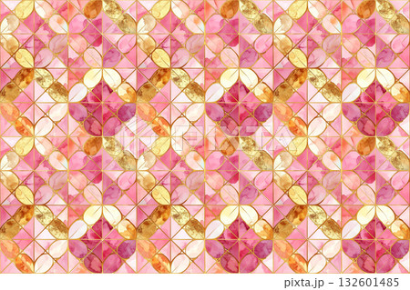 水彩画のピンクと金色の幾何学模様、シームレスパターン背景 132601485