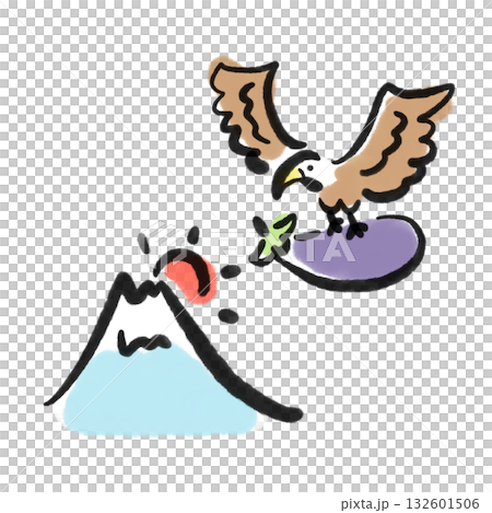 先是富士，後是鷹，後是茄子－吉祥的第一夢，新年素材，水墨畫 132601506