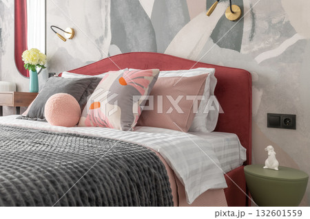 Modern Bedroom Interior with Pink Bed and Gray Blanket Modern Bedroom Interior with Pink Bed and Gray Blanket 132601559