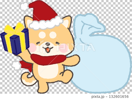 Frame of a red Shiba Inu wearing a Santa hat holding a gift bag and a bag Frame of a red Shiba Inu wearing a Santa hat holding a gift bag and a bag 132601656