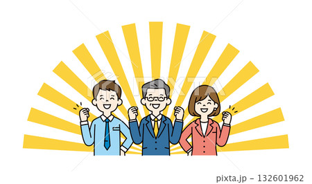 放射線状の背景と、がんばる男性と女性の会社員の上半身ベクターイラスト素材セット＿カラー 132601962