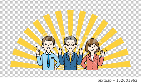 放射線状の背景と、がんばる男性と女性の会社員の上半身ベクターイラスト素材セット＿カラー 132601962