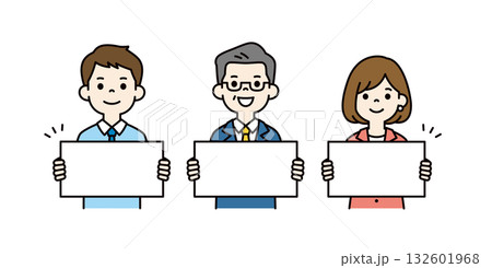 パネルを持って紹介する、社長と若い男女の会社員の上半身ベクターイラスト素材セット＿カラー 132601968