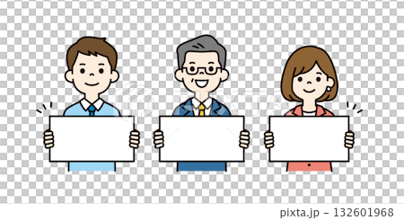 パネルを持って紹介する、社長と若い男女の会社員の上半身ベクターイラスト素材セット＿カラー 132601968