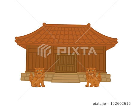 沖縄の伝統的な家屋のイラスト、シーサー 沖縄の伝統的な家屋のイラスト、シーサー 132602616