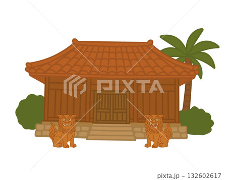沖縄の伝統的な家屋のイラスト、シーサー 沖縄の伝統的な家屋のイラスト、シーサー 132602617