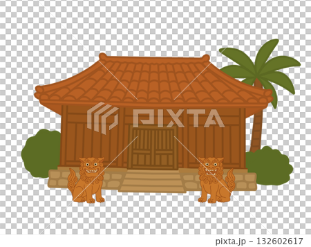 沖縄の伝統的な家屋のイラスト、シーサー 沖縄の伝統的な家屋のイラスト、シーサー 132602617