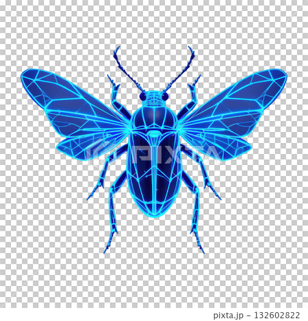 Glowing blue beetle with spread wings in geometric neon style, showcasing intricate lines and futuristic design 132602822