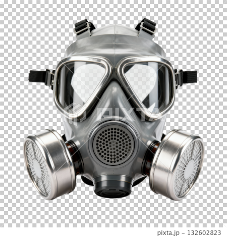 Gray gas mask respirator for protection and safety, facing chemical hazard, toxic air and environmental danger 132602823