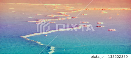 The unique texture of the Dead Sea. Seascape during sunrise. Salty seashore. Israel. Horizontal banner 132602880