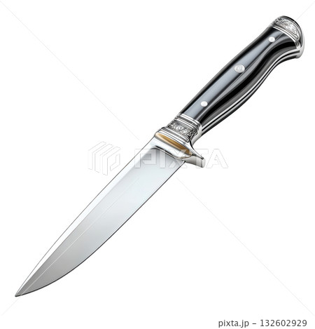 Elegant stainless steel knife with a sleek black handle and intricate detailing for culinary and outdoor use Elegant stainless steel knife with a sleek black handle and intricate detailing for culinary and outdoor use 132602929