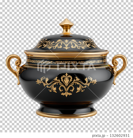 Elegant black and gold decorative ceramic pot with ornate designs and lid for storage or display purposes 132602931