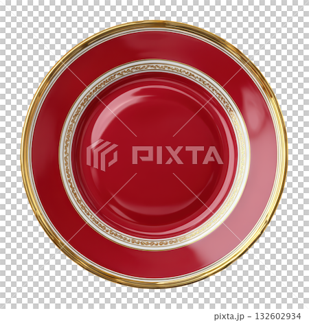 Elegant Red Plate with Gold Rim and Intricate Pattern for Luxurious Table Setting and Dining Experience 132602934