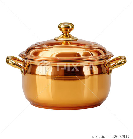 Elegant Copper Cooking Pot with Lid and Golden Handles for Stylish Kitchen Cooking and Serving Needs 132602937