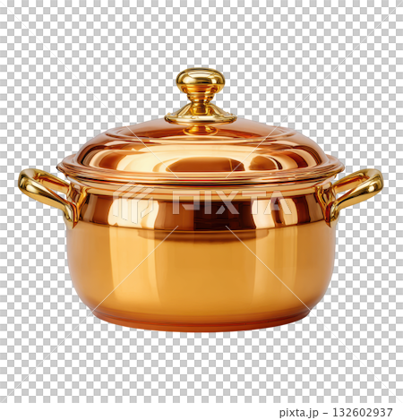 Elegant Copper Cooking Pot with Lid and Golden Handles for Stylish Kitchen Cooking and Serving Needs 132602937