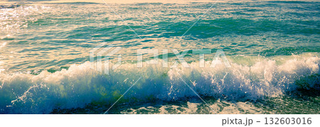Seascape in the early morning. Sunrise over the sea. Surf line. Horizontal banner 132603016