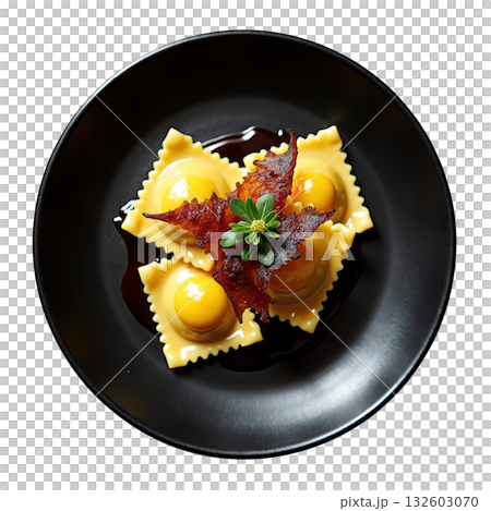 Appetizing gourmet duck confit ravioli pasta dish with sage. An elegant appetizer served black plate for fine dining Appetizing gourmet duck confit ravioli pasta dish with sage. An elegant appetizer served black plate for fine dining 132603070